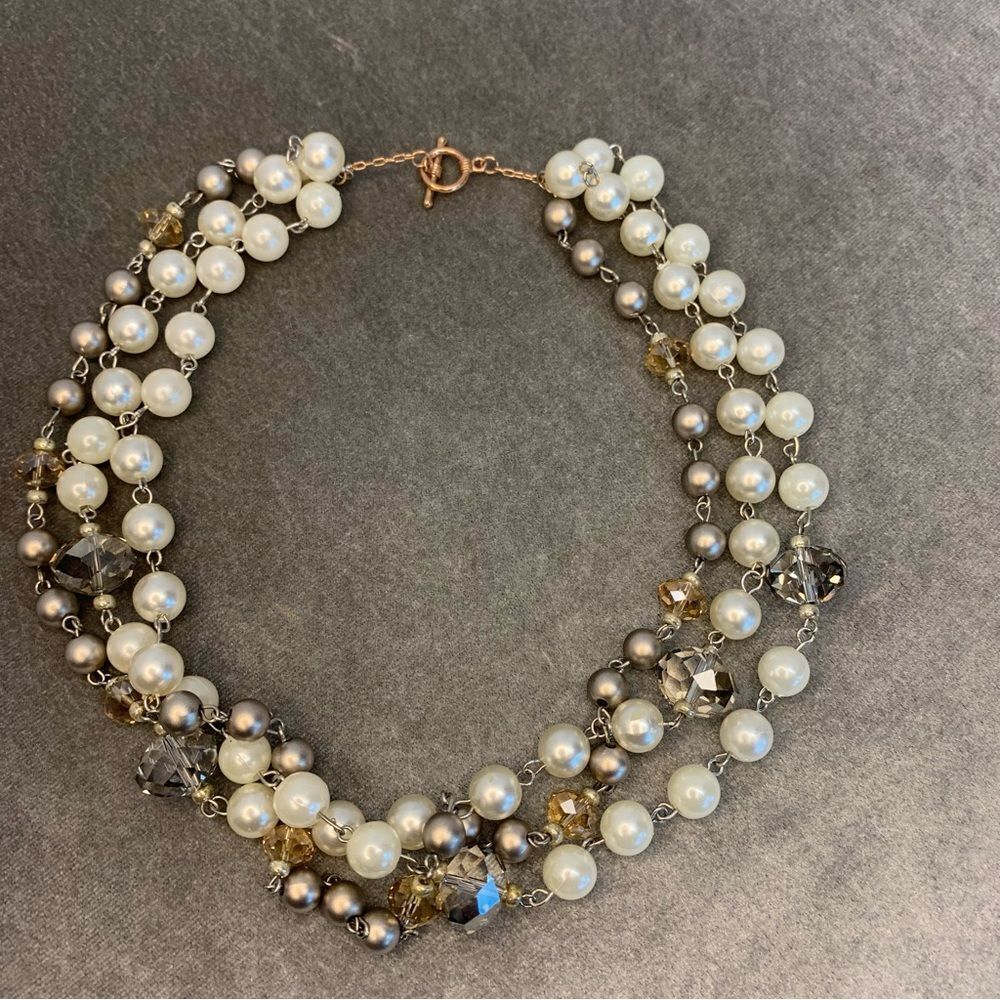 Faux pearl bead triple strand layered necklace wedding prom formal